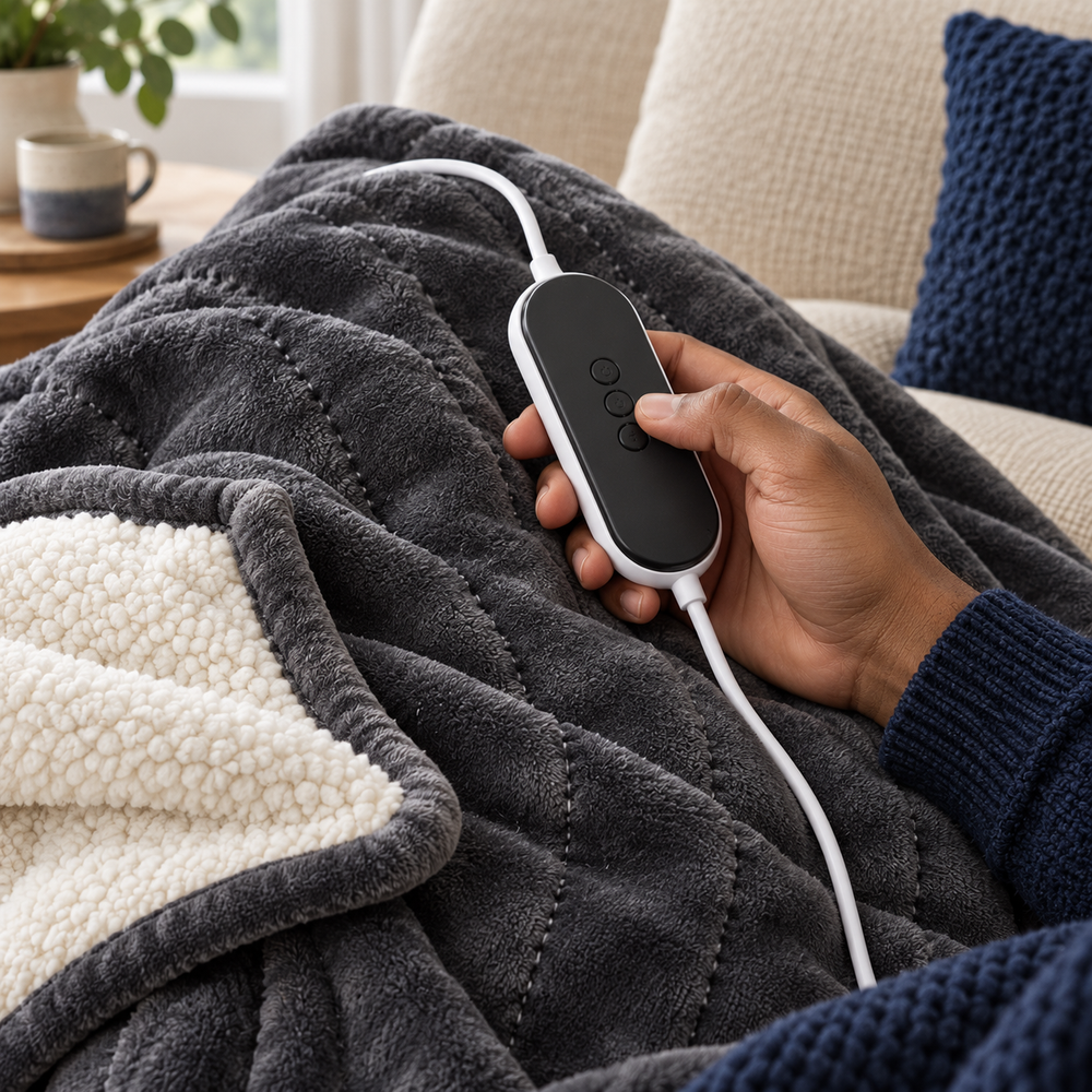 Charcoal Sherpa Heated Throw – Adjustable Heat & Timer