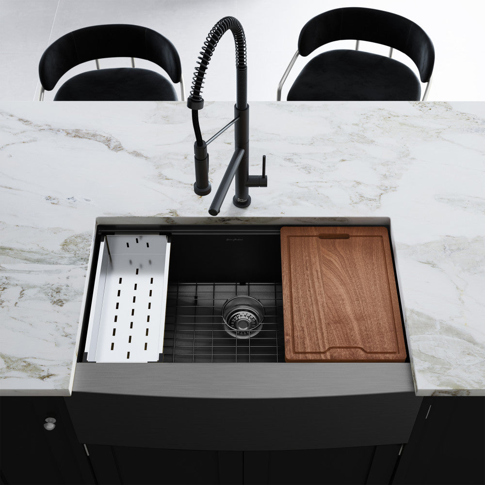 Tourner 83,8 × 55,9 cm acier inoxydable, simple Basin, Farmhouse Kitchen Workstation vasque avec Apron – finition noir