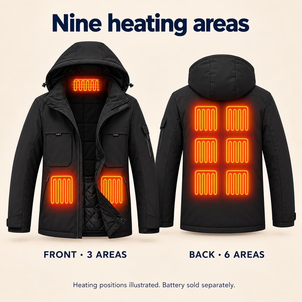 USB Heated Hooded Jacket — 9 Zones, Front & Back Controls