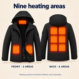 USB Heated Hooded Jacket — 9 Zones, Front & Back Controls