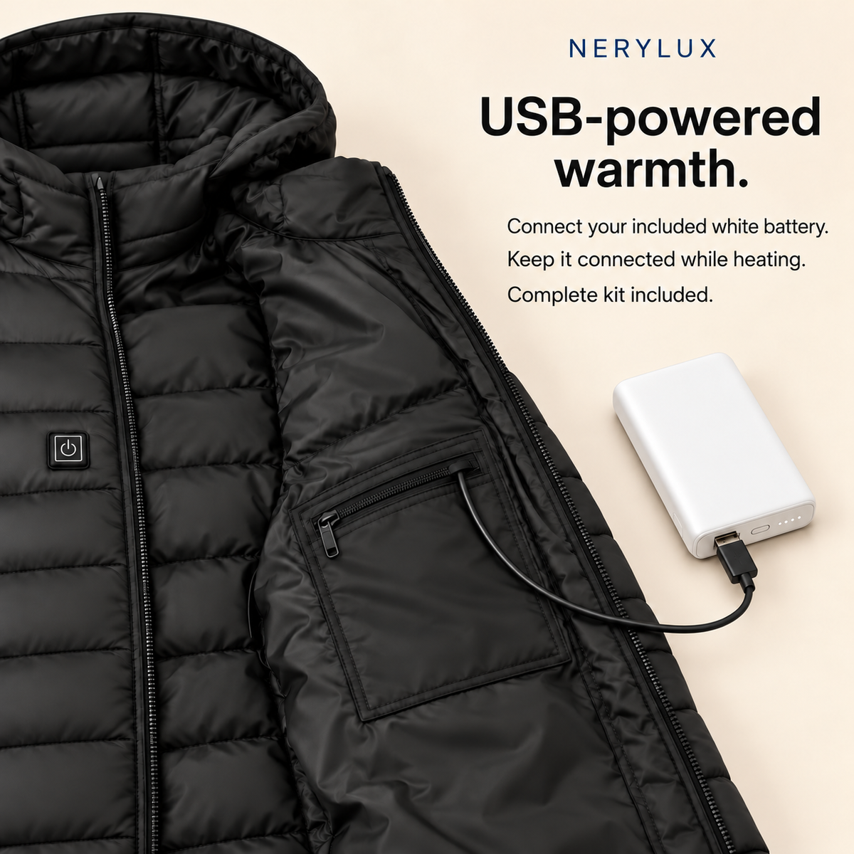 USB Heated Hooded Jacket — 2 Heating Zones, 3 Settings