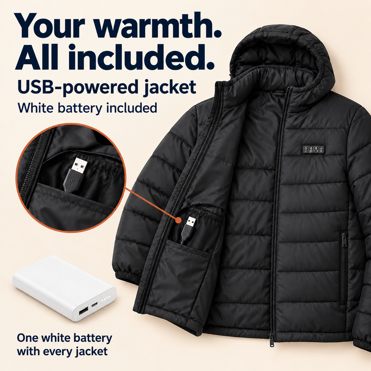 Men’s USB Heated Hooded Jacket — 27 Heating Zones