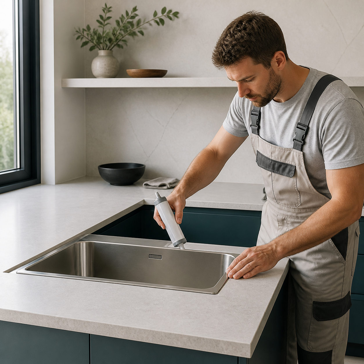 Professionnel installant un évier