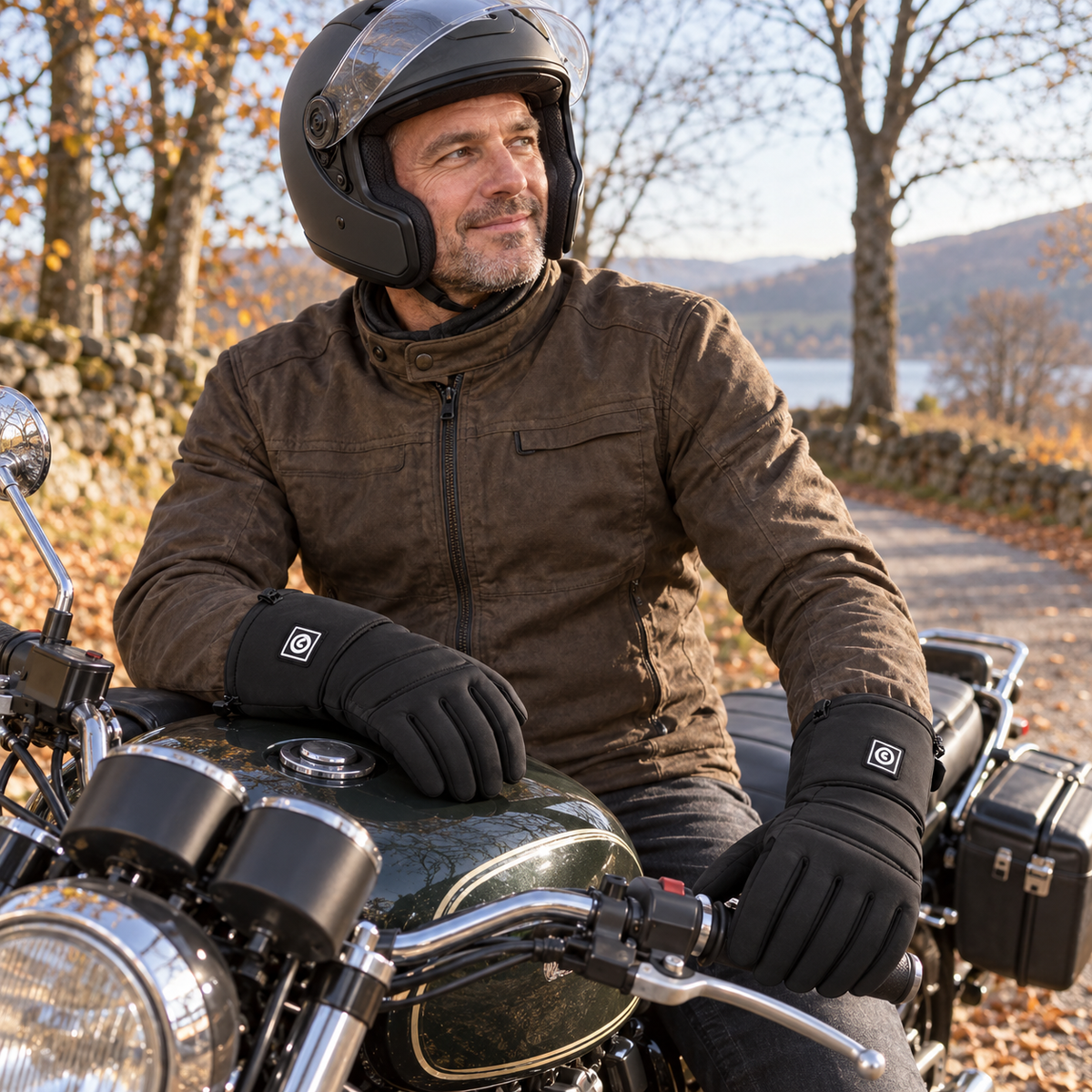 SAVIOR SHGS18 — Rechargeable Heated Motorcycle Gloves worn by a rider on a parked motorcycle