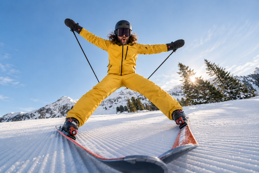 Skier in yellow wearing black heated mittens on a snowy piste