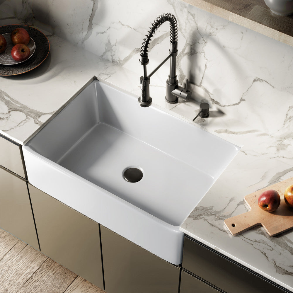 Elegance 76,2 cm x 50,8 cm simple Basin Fireclay Farmhouse évier de cuisine – finition blanc brillant avec acier inoxydable Grid