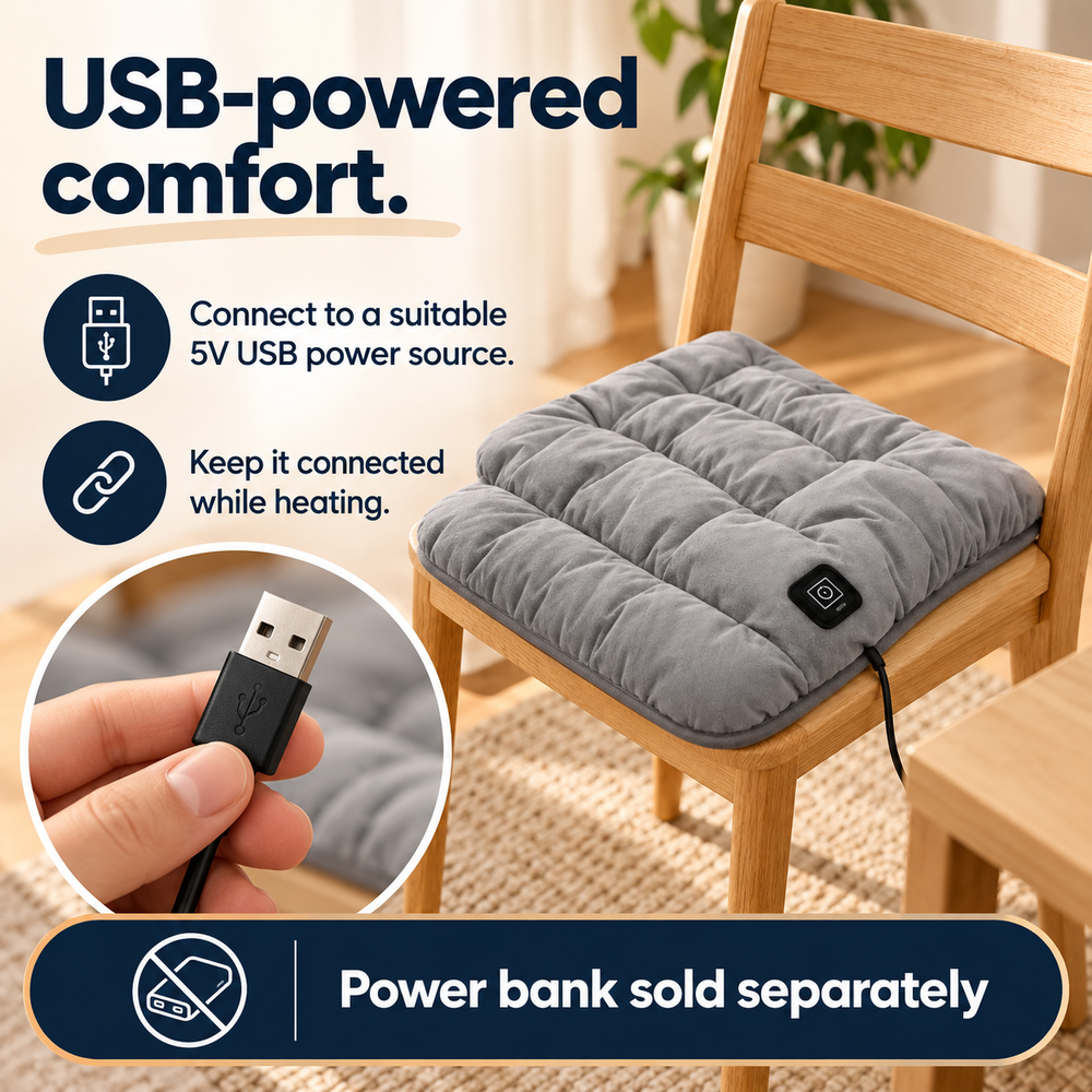 USB Heated Seat Cushion — 45 × 45 cm, 3 Heat Settings