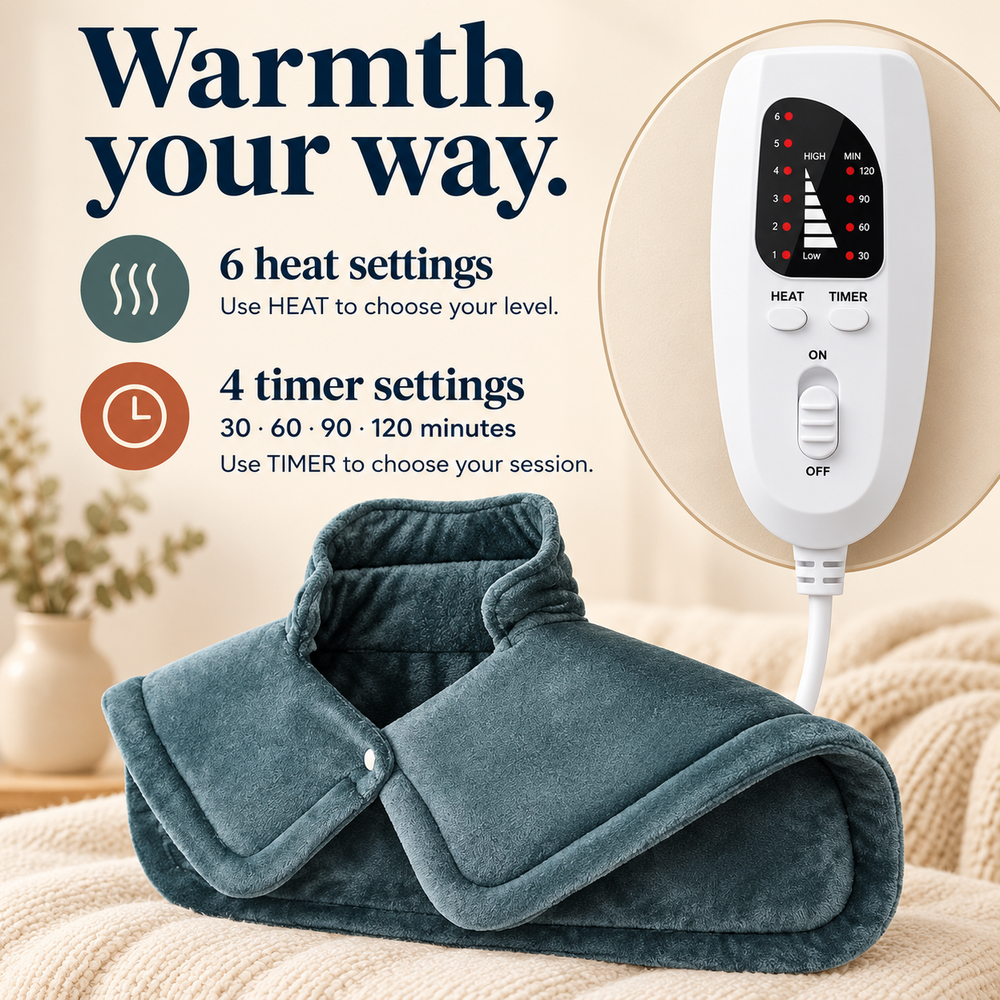Electric Neck & Shoulder Heating Pad — 6 Settings, UK Plug
