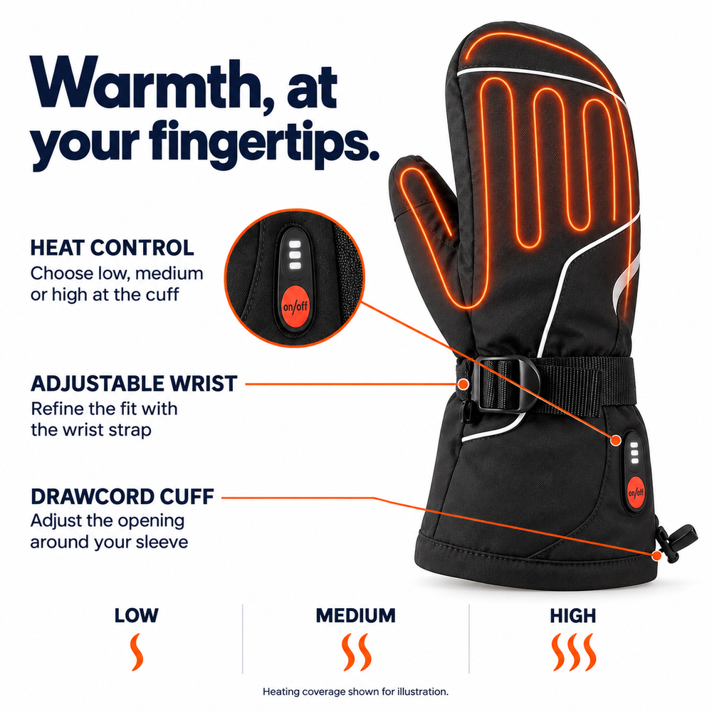 Rechargeable Heated Ski Mittens – 3 Heat Settings & Batteries