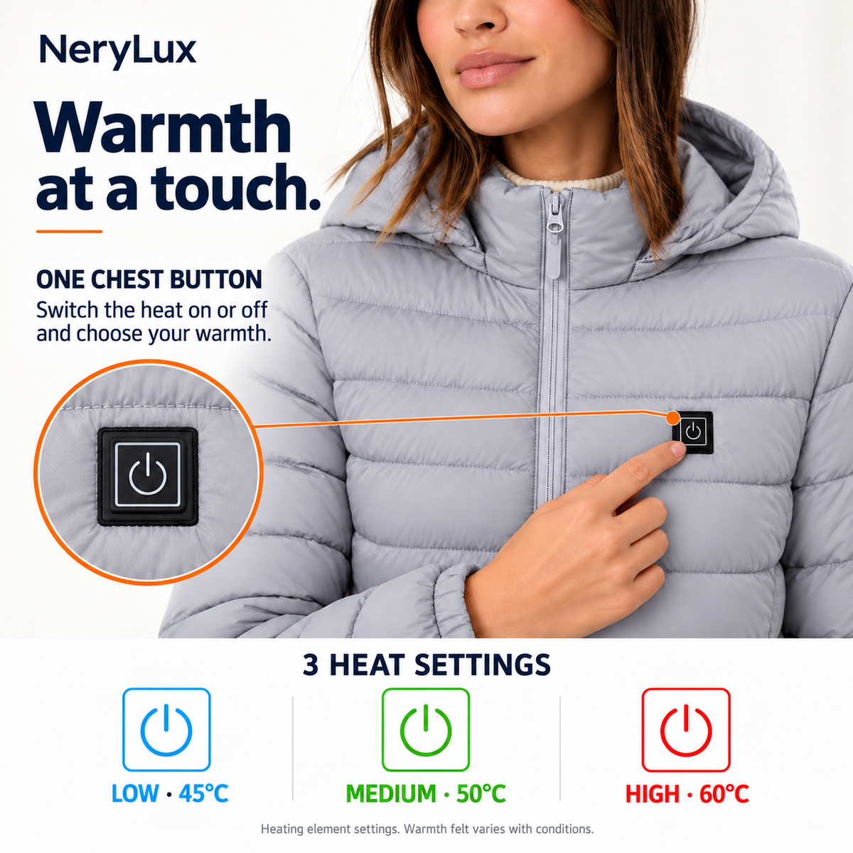 Heated Down Jacket – 95% Duck Down, 3 Heat Settings
