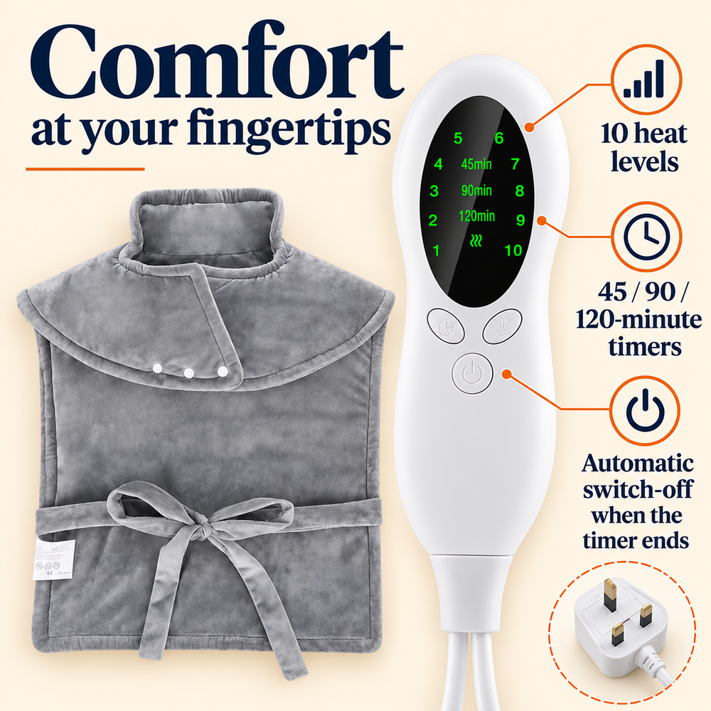 UK Heated Neck, Shoulder & Back Wrap — 60 × 90 cm