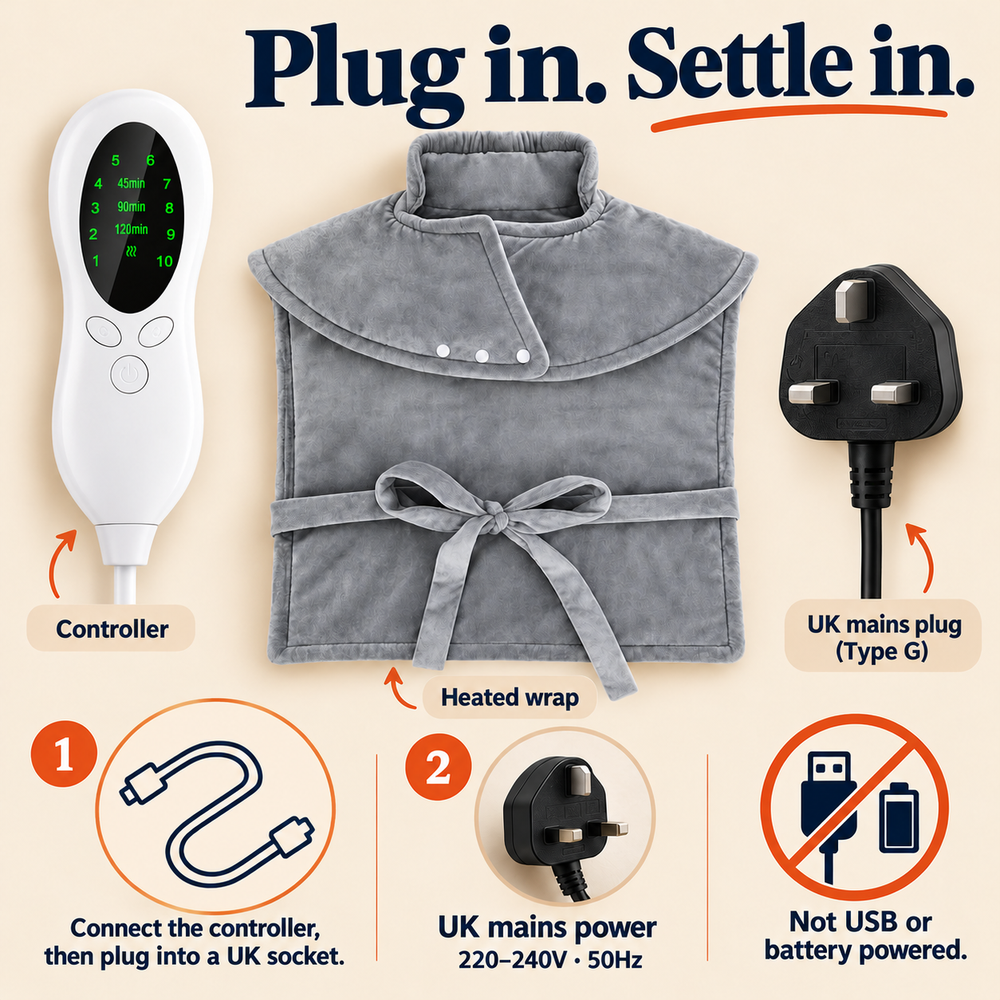 UK Heated Neck, Shoulder & Back Wrap — 60 × 90 cm