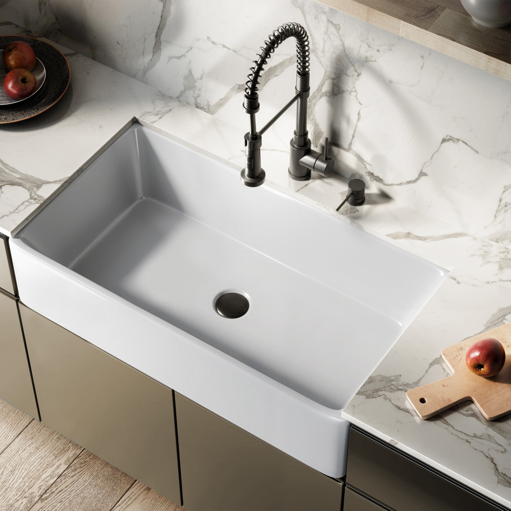 Elegance 91,4 cm x 50,8 cm simple Basin Fireclay Farmhouse évier de cuisine – finition blanc brillant avec acier inoxydable Grid